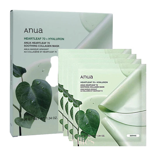 GlowTok Anua Heartleaf 70 + Hyaluron soother collagen mask packaging with green leaves on a white background