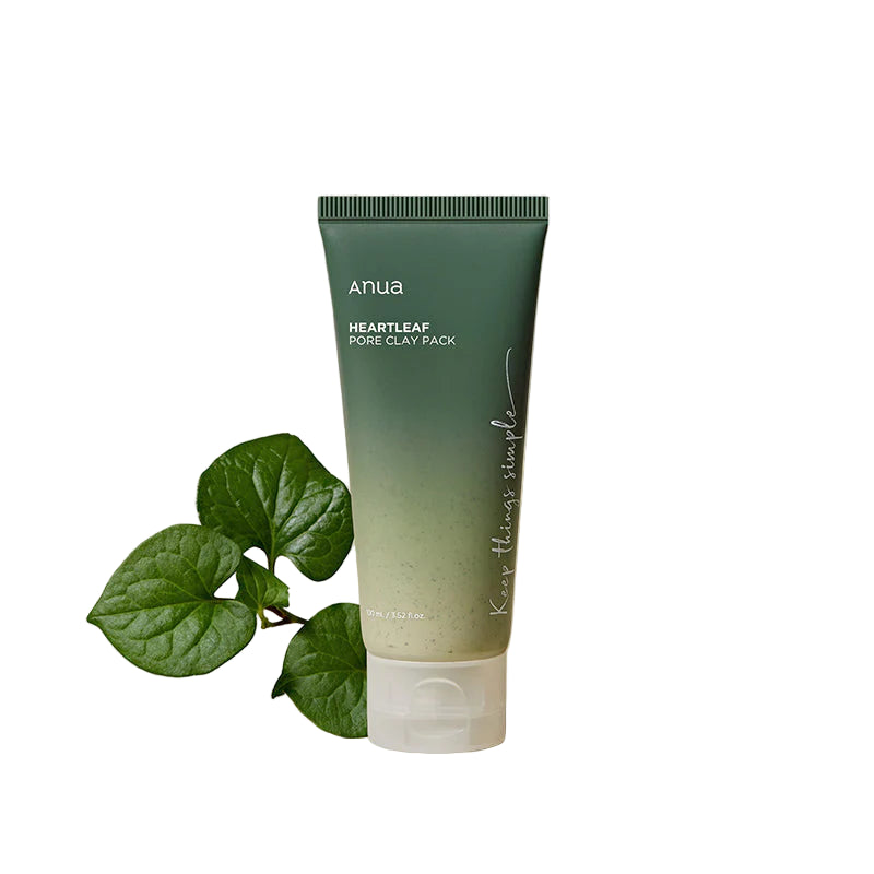 GlowTok Anua Heartleaf Pore Clay Pack tube with green leaf on beige background.