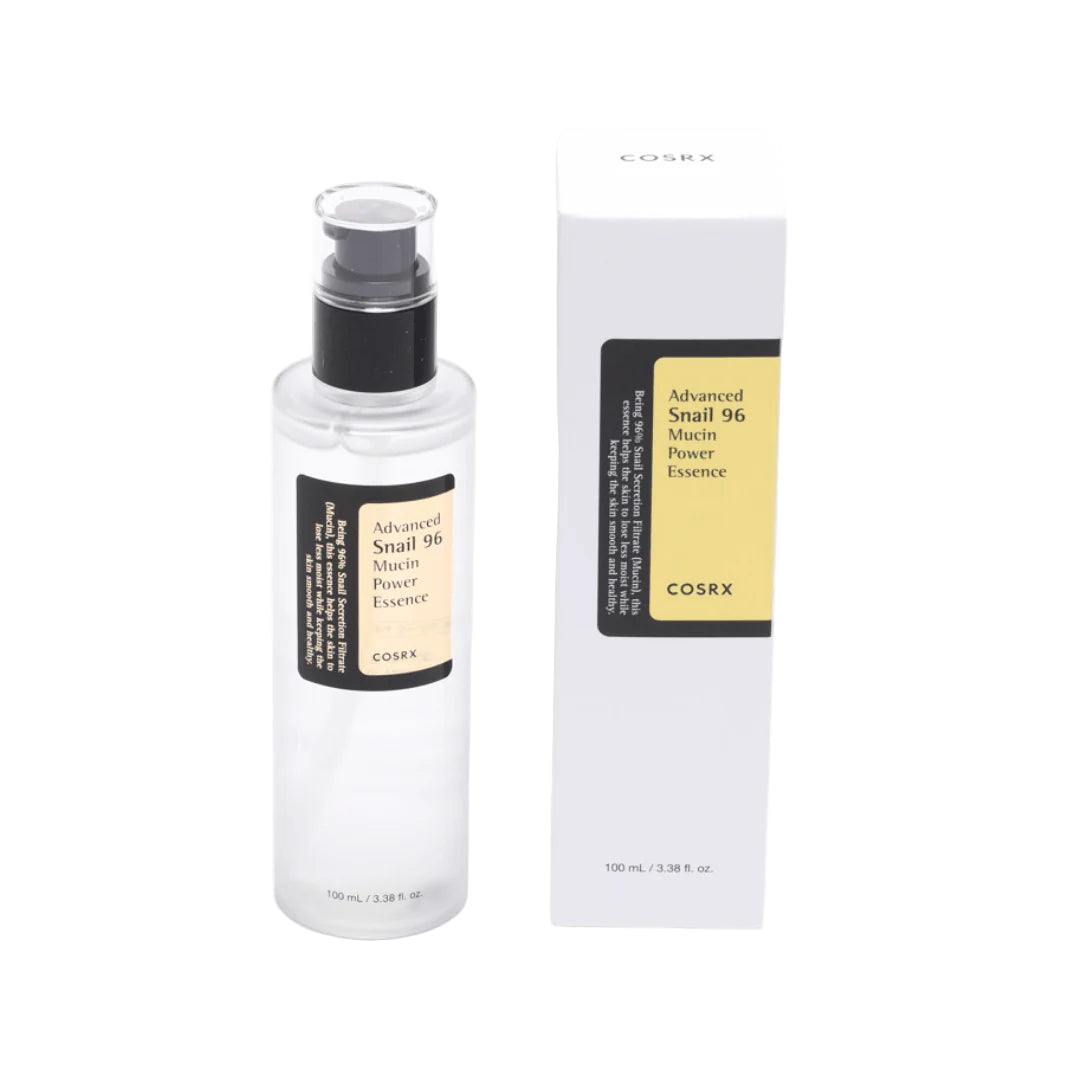 GlowTok COSRX Advanced Snail 96 Mucin Power Essence bottle and box on white background.