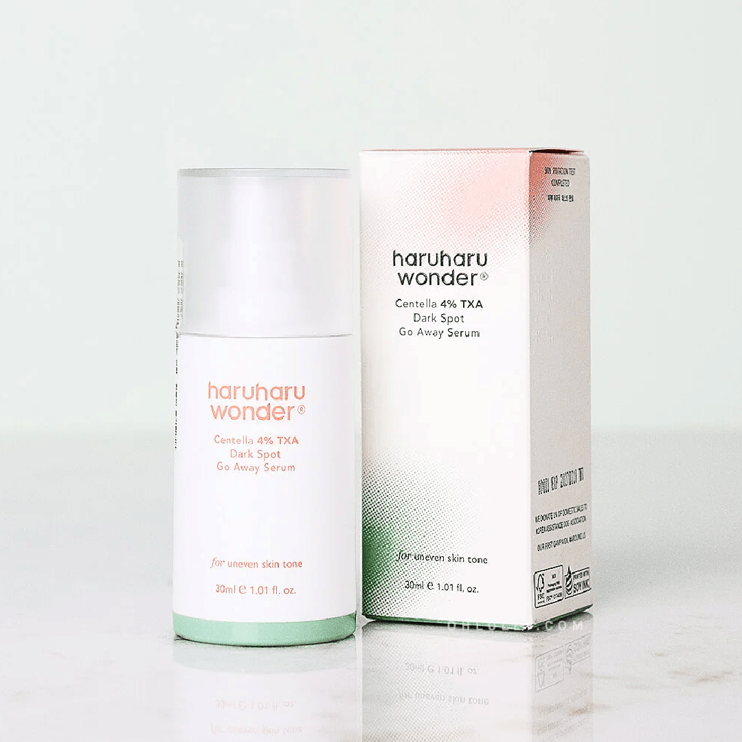 GlowTok Haruharu Wonder Centella 4% T-XA Dark Spot Go Away Serum bottle and box on white background.