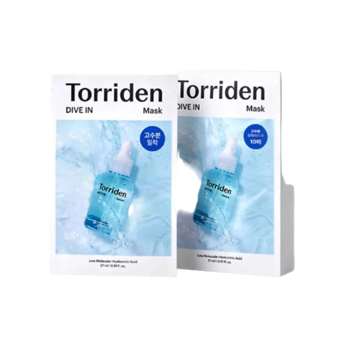 GlowTok Torriden DIVE-IN Low Molecular Hyaluronic Acid Mask Pack boxes on white background.