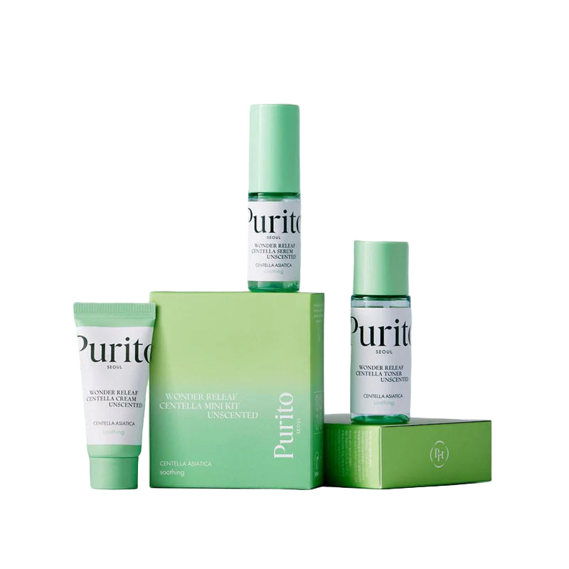 GlowTok Purito Wonder Releaf Centella Mini Kit with cleanser, toner, and cream on white background.