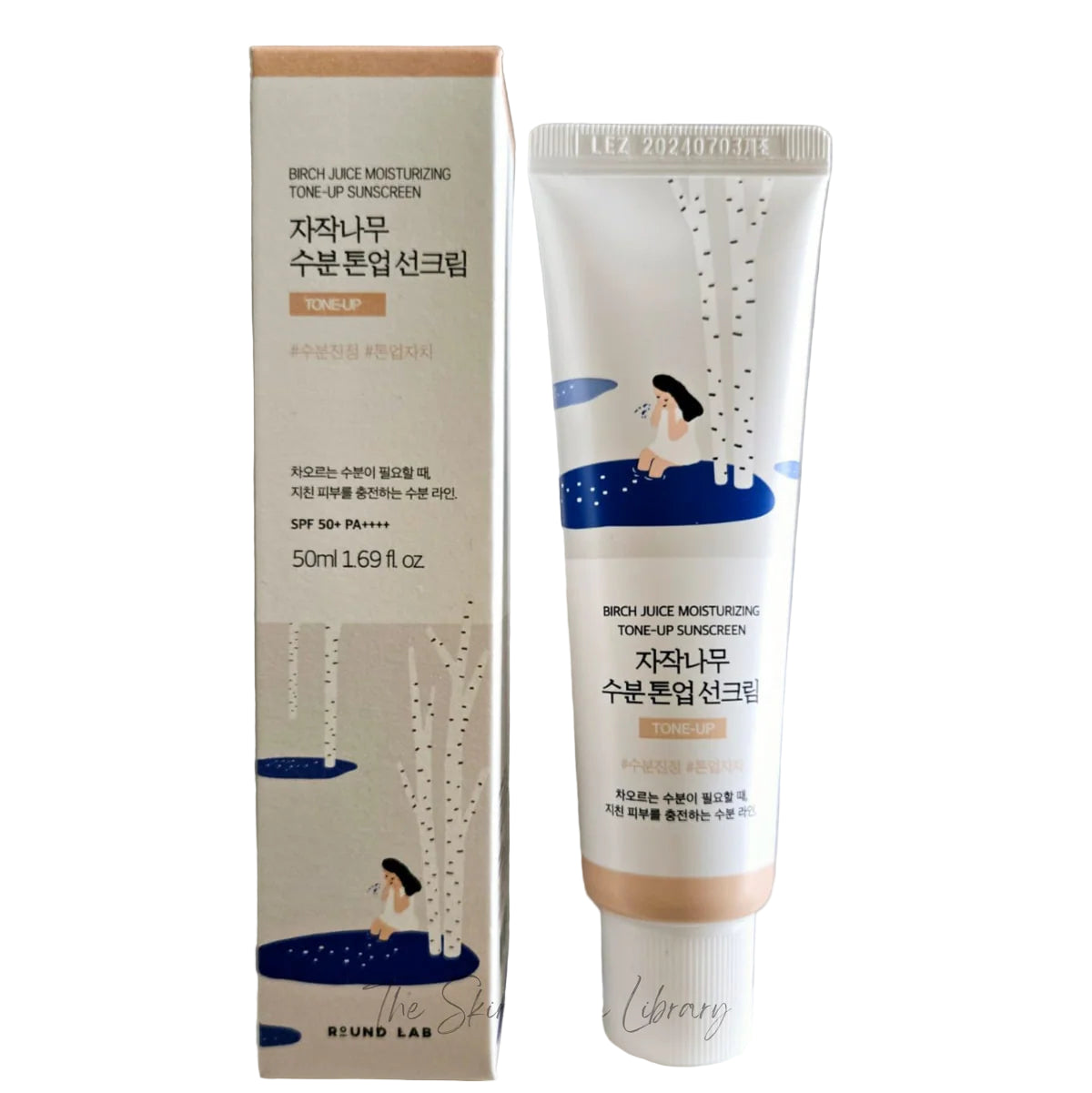 GlowTok Round Lab Birch Juice Moisturizing Tone-Up Sunscreen tube and box on white background.