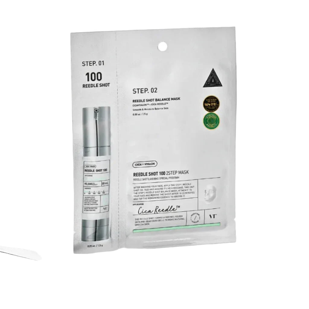 GlowTok VT Cosmetics Reedle Shot 100 2-Step Mask packaging with serum and sheet mask on white background.
